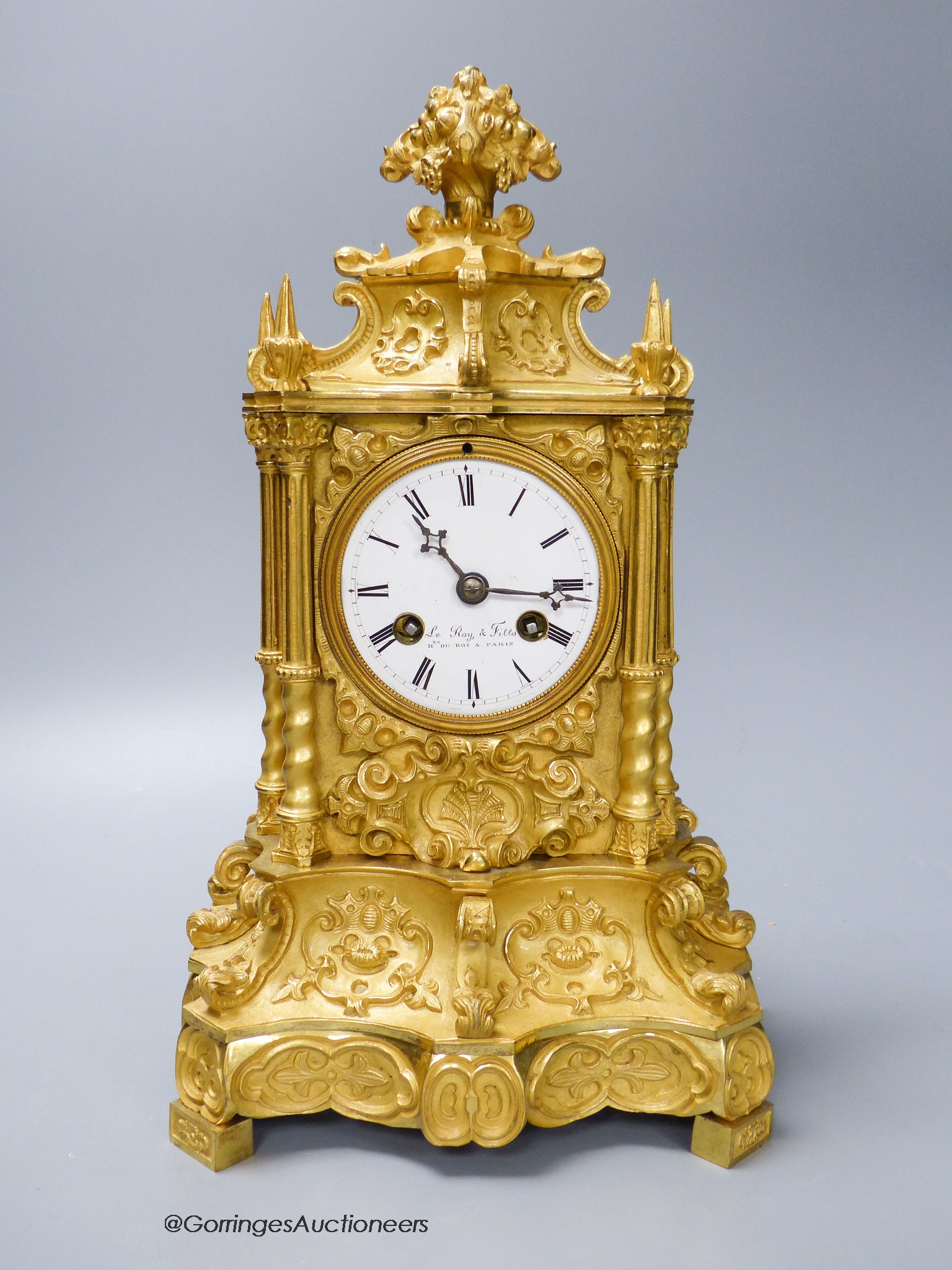 A mid 19th century French gilt bronze mantel clock, dial signed Le Roy & Fils, Paris, Japy movement, height 31cm